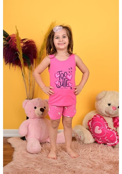 Kız Çocuk Askılı Pijama Takımı Too Cute Koyu Pembe Pembe