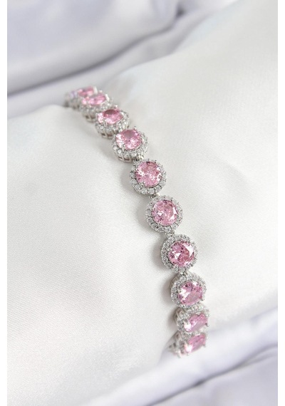 Pirinç Pembe Zirkon Taşlı Daire Baget Model Gümüş Renk Vıp Seri Kadın Bileklik Çok Renkli