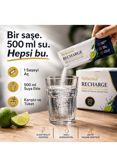 Welsensa Recharge 20 Saşe Elektrolit İçeren İçecek Tozu Doğal Limon & Citrus Aromalı 1 Adet