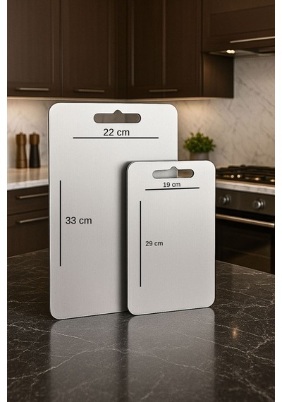 2 Li Çelik Kesme Tahtası Seti 33x22 Cm & 29x19 Cm Paslanmaz Hijyenik Mutfak Doğrama Panosu Gri