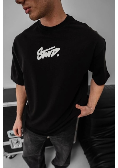 Modi Erkek Baskılı Oversize T-shirt - Siyah - Mymg150387