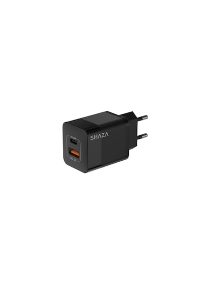 Shaza Çift Çıkışlı Usb Qc3.0& Type-c Pd Gan 20w Şarj Adaptörü Siyah