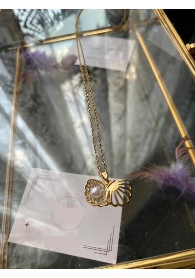 Gold Kadın İncili İstiridye Model Paslanmaz Çelik Kolye 55 Cm Zincir Çelik