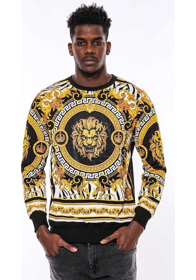 Wessi Siyah Üzerine Taşlı Baskılı Bisiklet Yaka Sweatshirt Siyah