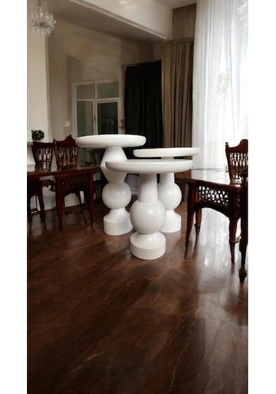 Simillo Wood Wooden Ahşap Beyaz Renk 3 Lü Set Fitilli Mantar Yan Sehpa Modern Fiskos / Zigon Sehpa Beyaz