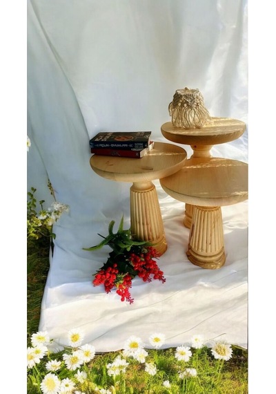 Wood Wooden Ahşap 3 Lü Set Mantar Yan Sehpa Modern Naturel Renk Fiskos Ahşap