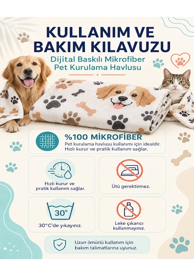 Kedi & Köpek Kurulama Havluları Poodle Joy Büyük Boy Hızlı Kuruyan 60x120cm