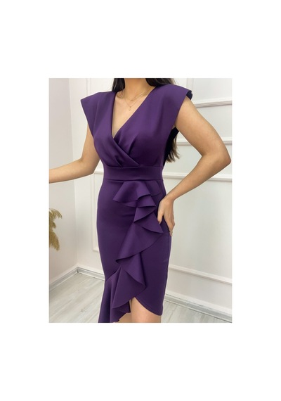 Butik İstanbul Scuba Kumaş Önü Fırfırlı Midi Boy Elbise Mürdüm