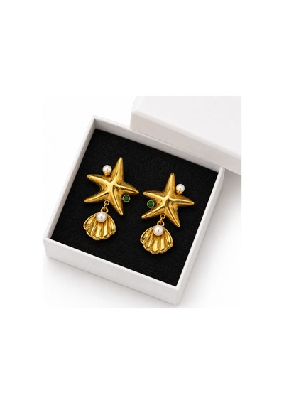 Cm Jewelry İnci Detaylı Deniz Yıldızı Ve Deniz Kabuğu Gold Çelik Küpe Altın