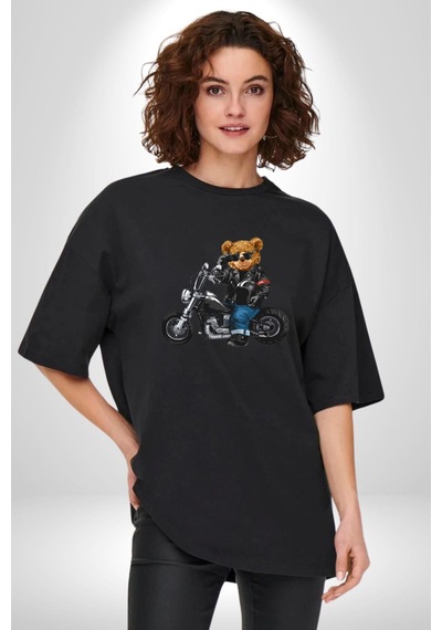 Kask Güneş Gözlüğü Motor Ayı Pamuklu Bisiklet Yaka Unisex Oversize Boyfriend Dijital Baskılı Siyah T-shirt Siyah