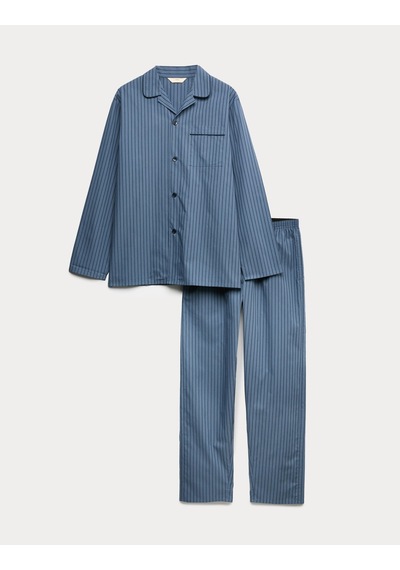 Marks & Spencer Saf Pamuklu Çizgili Pijama Takımı T07004778 Mavi