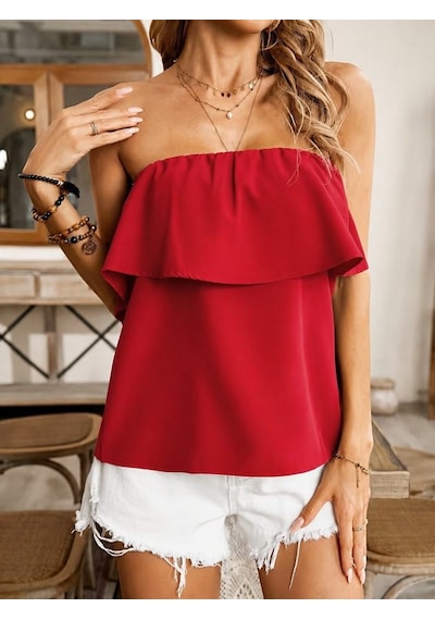 Alyn Wear Kadın Omuzlardan Açık Lastikli Fırfırlı Dubai Bluz Kırmızı