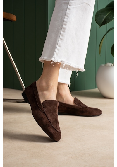 Duxal Shoes Oliver Hakiki Deri Yumuşak Tabanlı Kadın Süet Babet Loafer Acıkahve