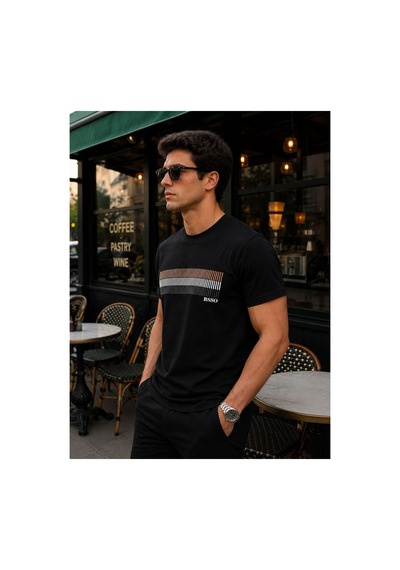 Hzr Wear Erkek Nakış Baskı Detaylı Sıfır Yaka Regular Fit %100 Pamuk Tişört Siyah