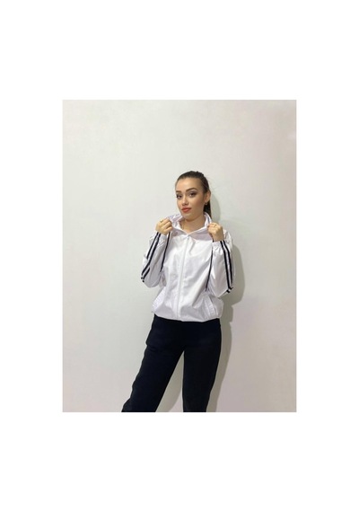 Makentmoda Şeritli Ünisex Beyaz Fermuarlı Kapşonlu Yağmurluk