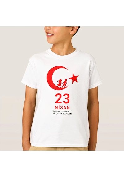 Çocuk 23 Nisan Ulusal Egemenlik Ve Çocuk Bayramı Baskılı Bisiklet Yaka T-shirt - Beyaz Çok Renkli