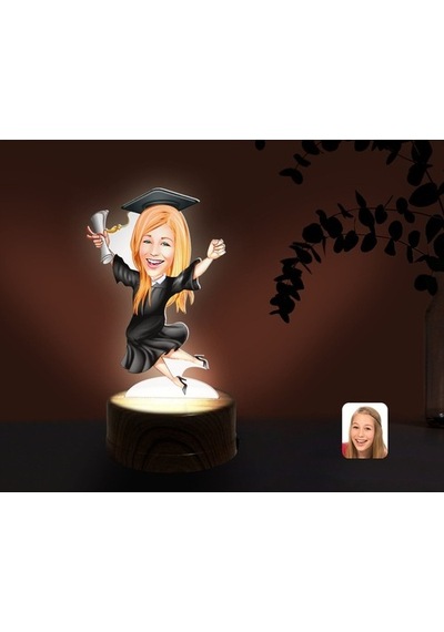 Kişiye Özel Kadın Mezun Karikatürlü Dekoratif 3D Biblo Led Işıklı