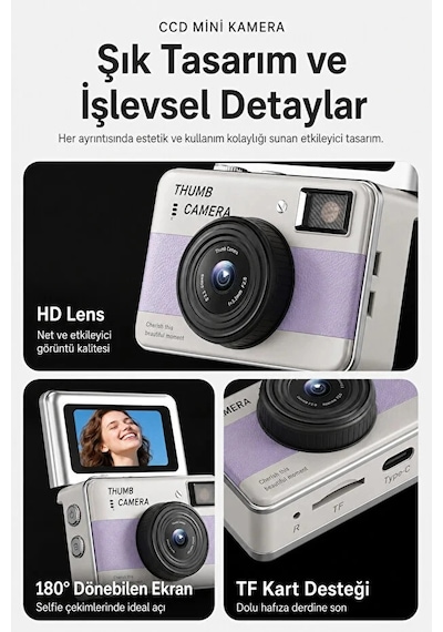 Retro Mini Dijital Kamera 1080p 1.47 İnç Flip Ekranlı Flaşlı Selfie Vlog Kamerası 4gb Sd Hediyeli Siyah Çok Renkli