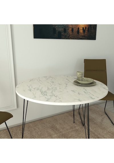 Pasific Home Sandalf Metal Ayaklı Yuvarlak Mutfak Masası Beyaz Mermer