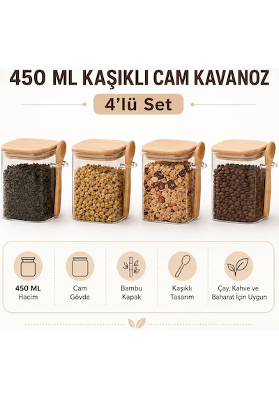 450 Ml Kaşıklı Cam Kavanoz 4'lü Set, Bambu Kapaklı Şeffaf Cam Saklama Kabı, Çay Kahve Şeker Baharat Kuruyemiş Kavanozu, Mutfak Düzenleyici Kaşıklı Baharatlık Seti Çok Renkli