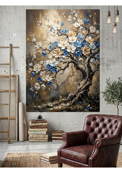 Mavi Beyaz Çiçekli Bonsai Ağacı Tablo Dekoratif Kanvas - Mdf Ahşap Tablo Çok Renkli
