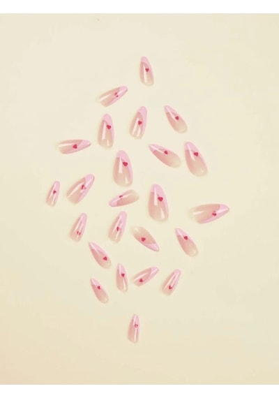 French Kırmızı Kalpli Takma Tırnak Seti 24 Adet - Pembe