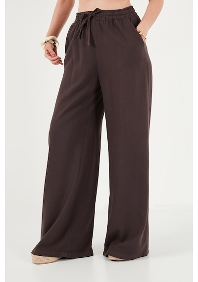 Lela Pamuklu Relaxed Fit Yüksek Bel Geniş Paça Pantolon Bayan Pantolon 668yp5559 Kahve