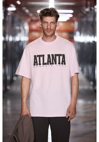 Grimelange Grımelange Atlanta Erkek %100 Pamuklu Kısa Kollu Baskı Detaylı Koyu Pembe T-shirt
