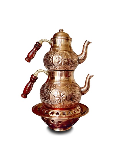 El Yapımı Yıldız Petek Zımba Ocaklı Bakır Renk Çaydanlık Takımı Bakır