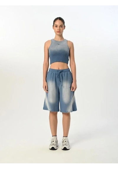 Kız Çocuk Pamuklu Sıfır Kol Crop Bluz-15518 Mavi