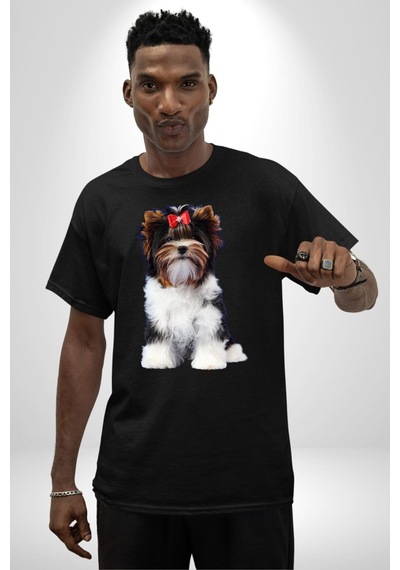 Biewer Yorshire Terrier Pamuklu Bisiklet Yaka Unisex Oversize Boyfriend Dijital Baskılı Siyah T-shirt Siyah