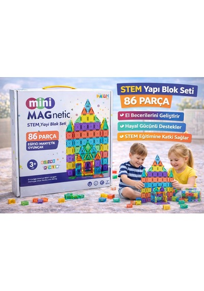 Magnet Yapı Blok Seti 86 Parça Renkli Manyetik Stem Zeka Ve Tasarım Oyuncağı