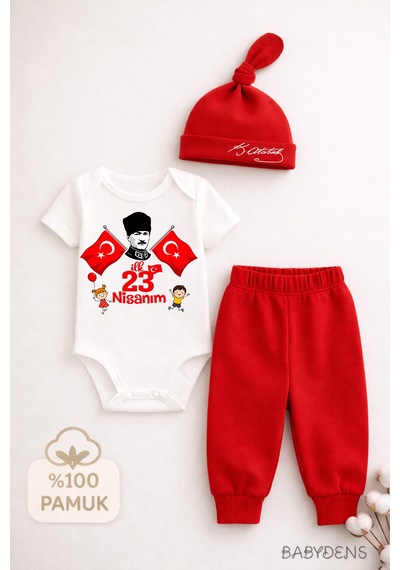 Babyden's İlk 23 Nisan Bayramı Bebek Takımı Atatürk Baskılı %100 Pamuk Kısa Kollu Body Pantolon Şapka Seti Kırmızı - Beyaz