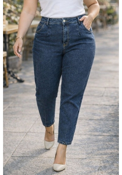 Cedy Denim Mom Fit Jean Büyük Beden Yüksek Bel Carrot Kesim Dar Paça Pileli Esnek Kot Pantolon C600 Mavi