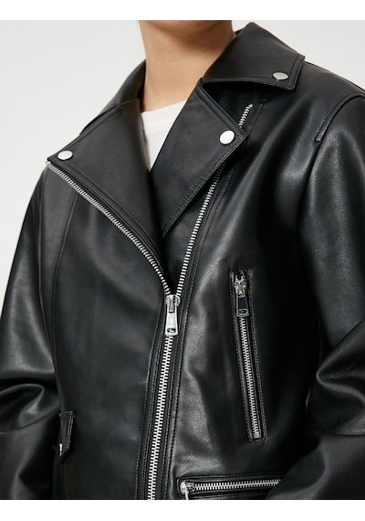 Koton Oversize Biker Ceket Suni Deri Fermuarlı Siyah 3sak20013ew
