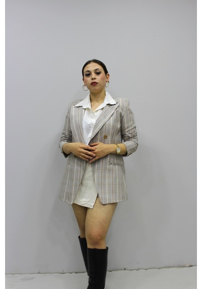 Kadın Ekoseli Blazer Ceket Çok Renkli