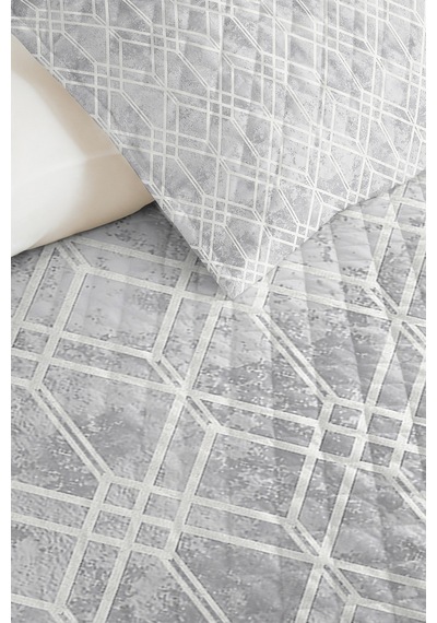 Gri Geometrik Tek Kişilik Dekoratif Pike Takımı - Beyaz Çizgili Minimal 160x220 Cm Yatak Örtüsü Kırık Misk Melodisi