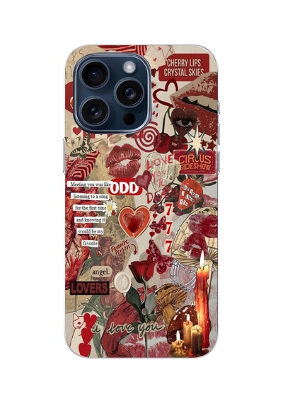 Iphone 14 Pro Max Uyumlu Kırmızı Kolaj Tasarımlı Şeffaf Telefon Kılıfı Çok Renkli