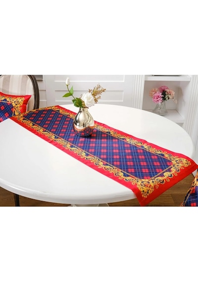 Belize Baskılı Saten Kumaş Kırmızı Siyah Runner Kırlent Set 3 Prç. 135x50 Cm 1378 Kırmızı