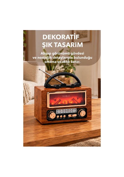 Nostaljik Radyo Şömine Görünümlü Müzik Kutusu Retro Ahşap -bluetooth Hoparlör Speaker & Usb Destekli Ns-901bt