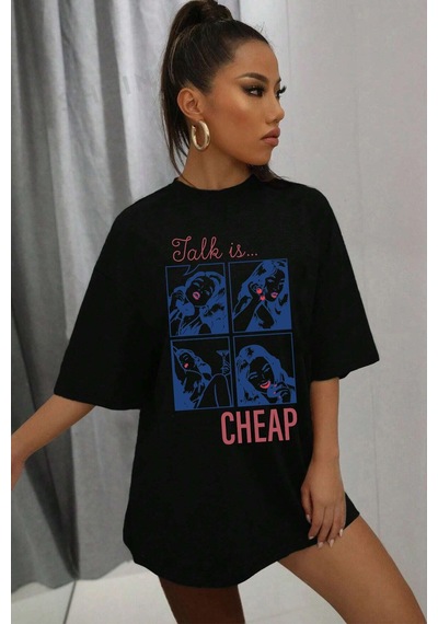 Unisex Talk İs Cheap Baskılı Oversize Tshirt Siyah