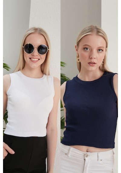 Catspy Kadın Halter Yaka 2'li Crop Bluz Atlet Beyaz - Lacivert