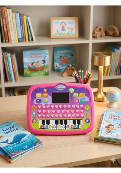 Eğitici Piyanolu Sesli Işıklı Led Ekranlı İngilizce Türkçe 26 Kelime Çocuk Bilgisayarı Pembe
