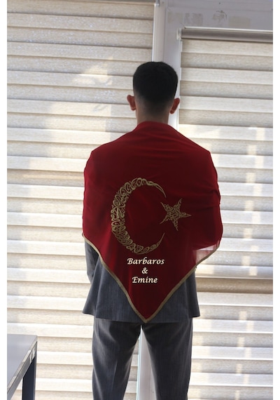 İsimli Damat Kına Asker Şalı Omuz Örtüsü Ayyıldız Nakış Işlemeli Ay Yıldız Gold Isme Özel
