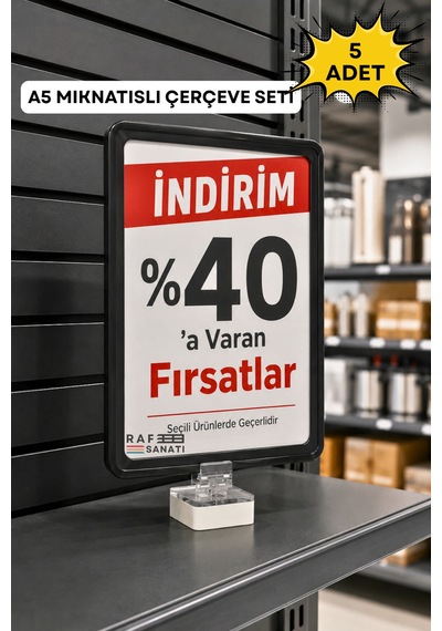 5 Adet - A5 Mıknatıs Tutuculu Fiyatlık Etiketlik Dikey Yatay Ve Bilgilendirme Çerçevesi Siyah