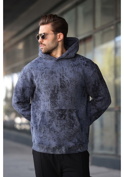 Madmext Lacivert Desenli Kapüşonlu Erkek Sweatshirt E7167 Lacivert