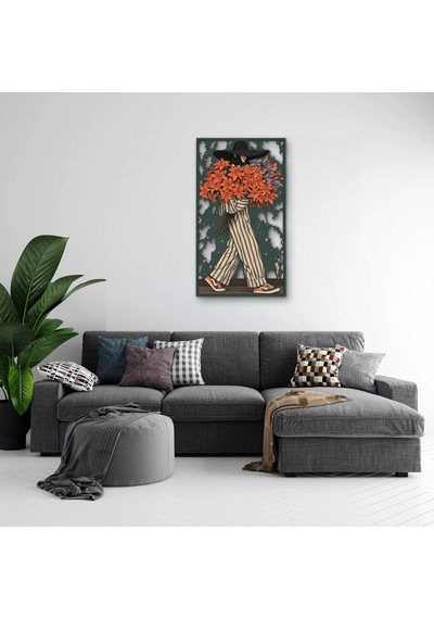 Çiçek Kucaklayan Şapkalı Kadın - Metal Tablo - Dec0388 71 X 125 Cm Çok Renkli