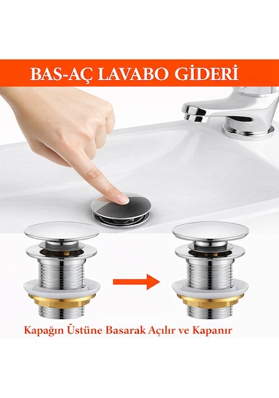 Lavabo Pop-up Gider Süzgeci Paslanmaz Çelik & Pirinç Gövde, Gider Borusu Dahil Set Metalik