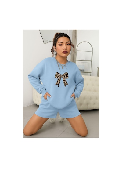 Benroma 3 İplik Penye Kurdela Baskılı Unisex Sweatshırt Bebe Mavisi
