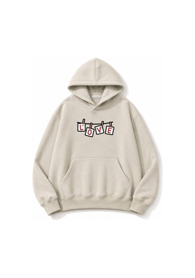 Herkesemoda Love Baskılı Kapüşonlu 2 İplik Şardonlu Sweatshirt Bej